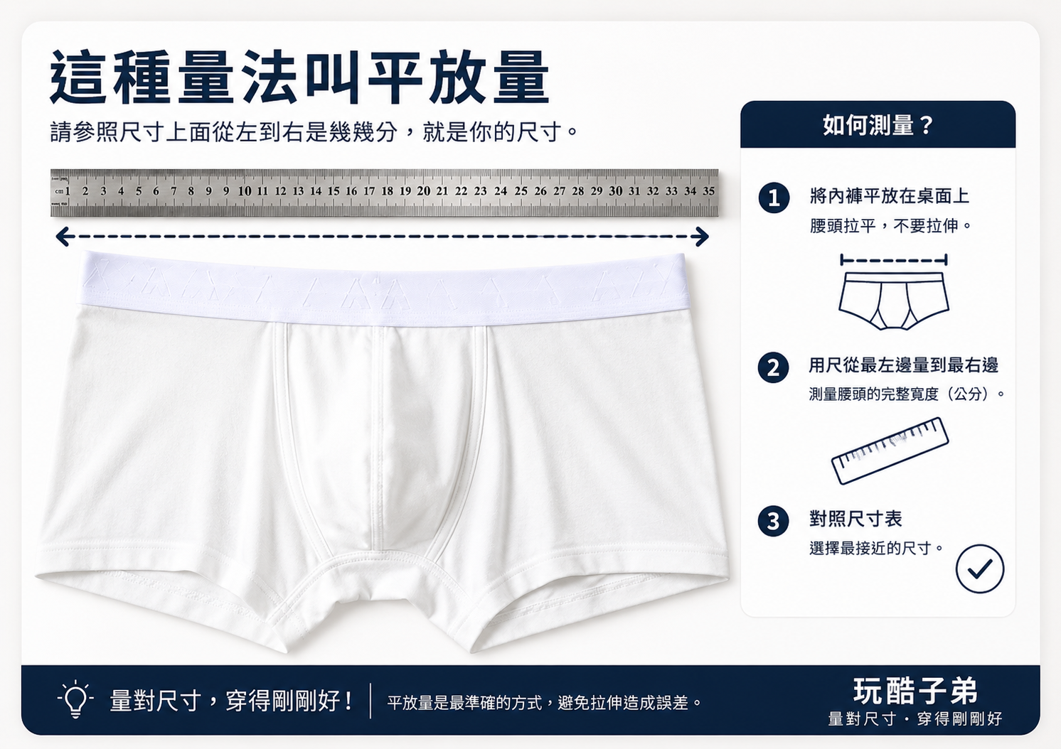內褲平放測量腰頭左端到右端的完整教學